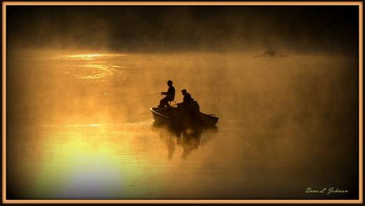 Two Persons on a Boat, Reflection of Sun on Water